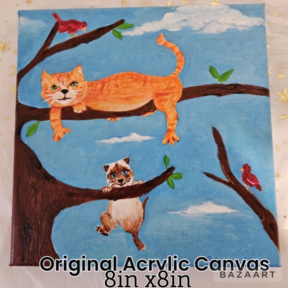 Original Art /Acrylic Canvas /Cute Kitties in a Tree / 8in x 8in - Picture 1 of 11